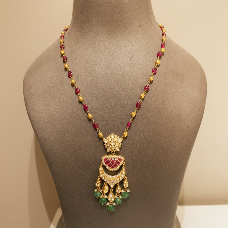 Royal Crimson Enamel Crescent Polki Pendant Set