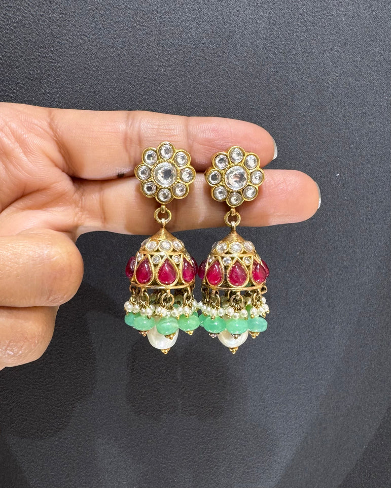925 Silver Ethnic Ruby Polki Jhumka Earrings