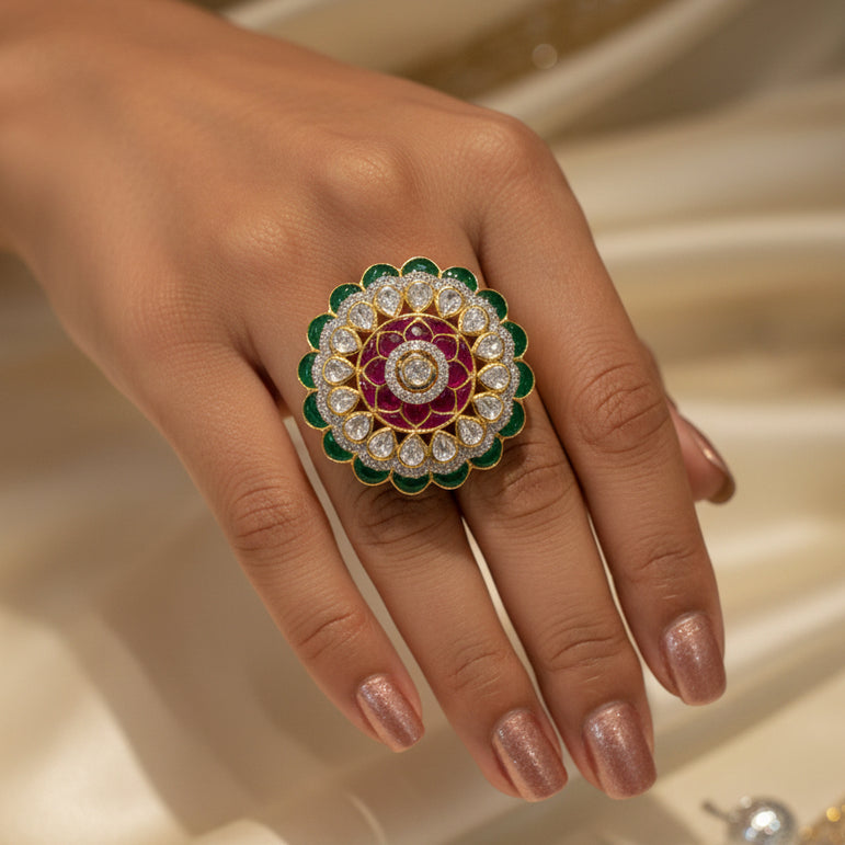 Royal Tri-Color Floral Medallion Silver Polki Statement Ring