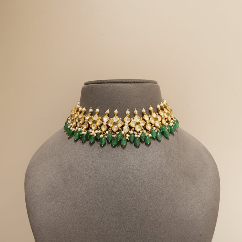 Emerald Green Bead & Moissanite Polki Set
