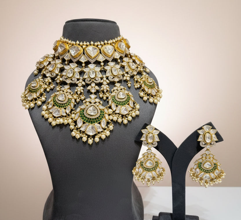 Grand Tiered Moissanite Polki & Green Meenakari Crescent Bridal Set
