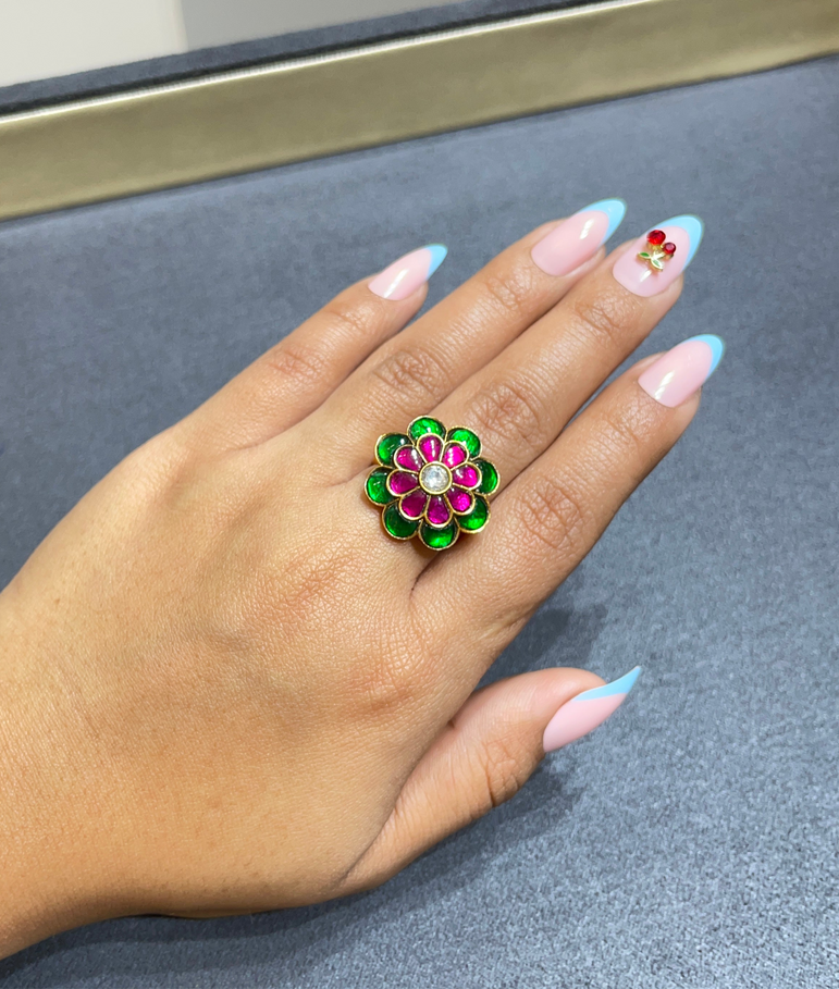 925 Silver Small Floral Gold Look Ring