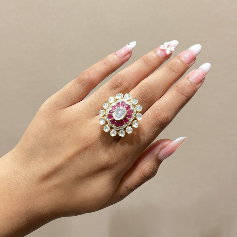 Silver Ruby Red & Moissanite Polki Ring