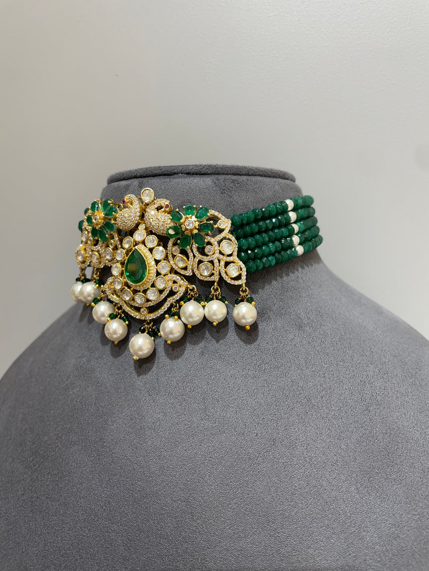 925 Silver Emerald Pearl Peacock  Polki Choker