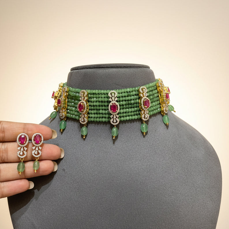 Luxe Mint Green Beaded Diamond Choker