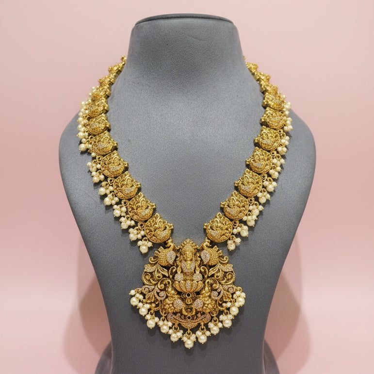 Antique Gold Sculpted Goddess Lakshmi & Peacock Long Bridal Set