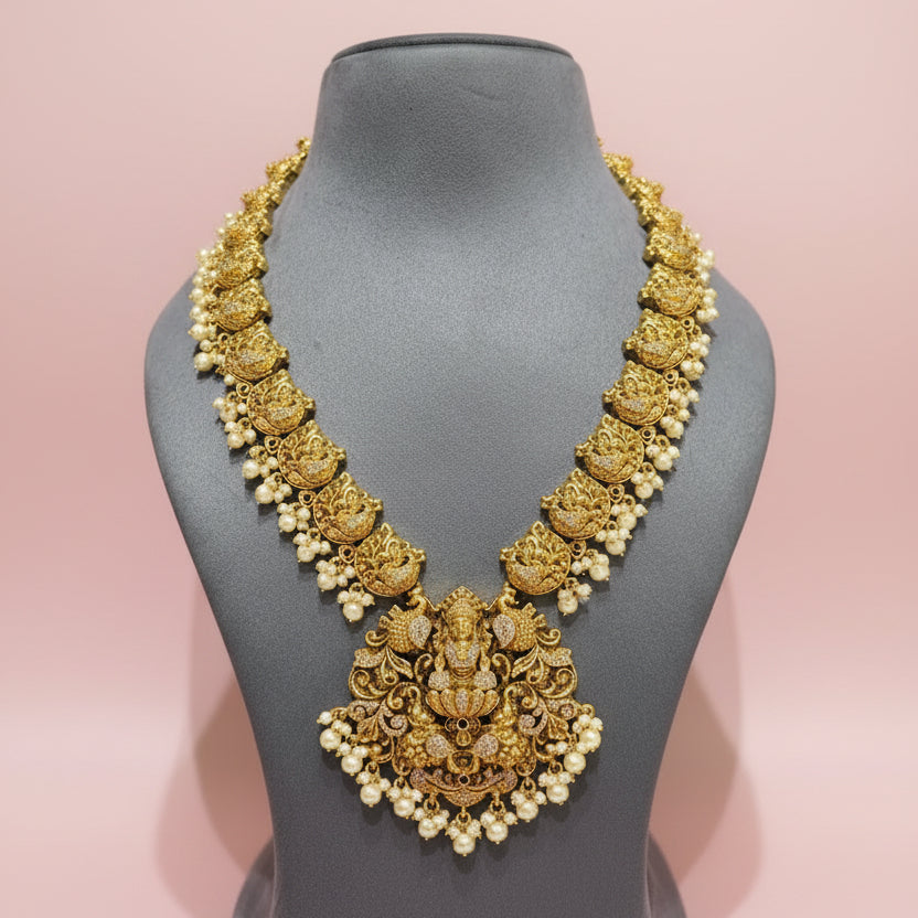 Antique Gold Sculpted Goddess Lakshmi & Peacock Long Bridal Set