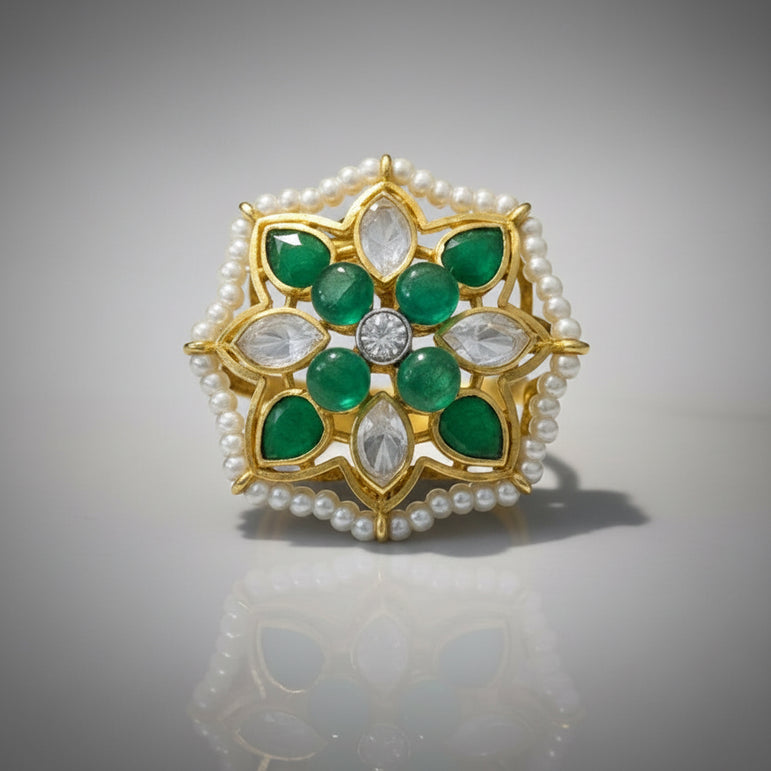 Emerald Green Floral Polki Ring