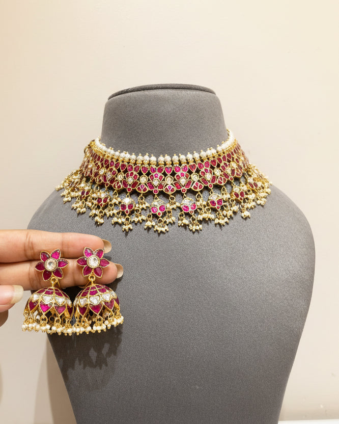 Royal Crimson Meenakari Lotus Polki Set