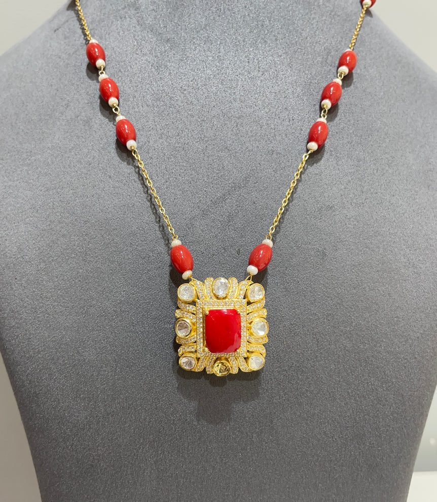 925 Silver Traditional Red Stone Polki Pendant