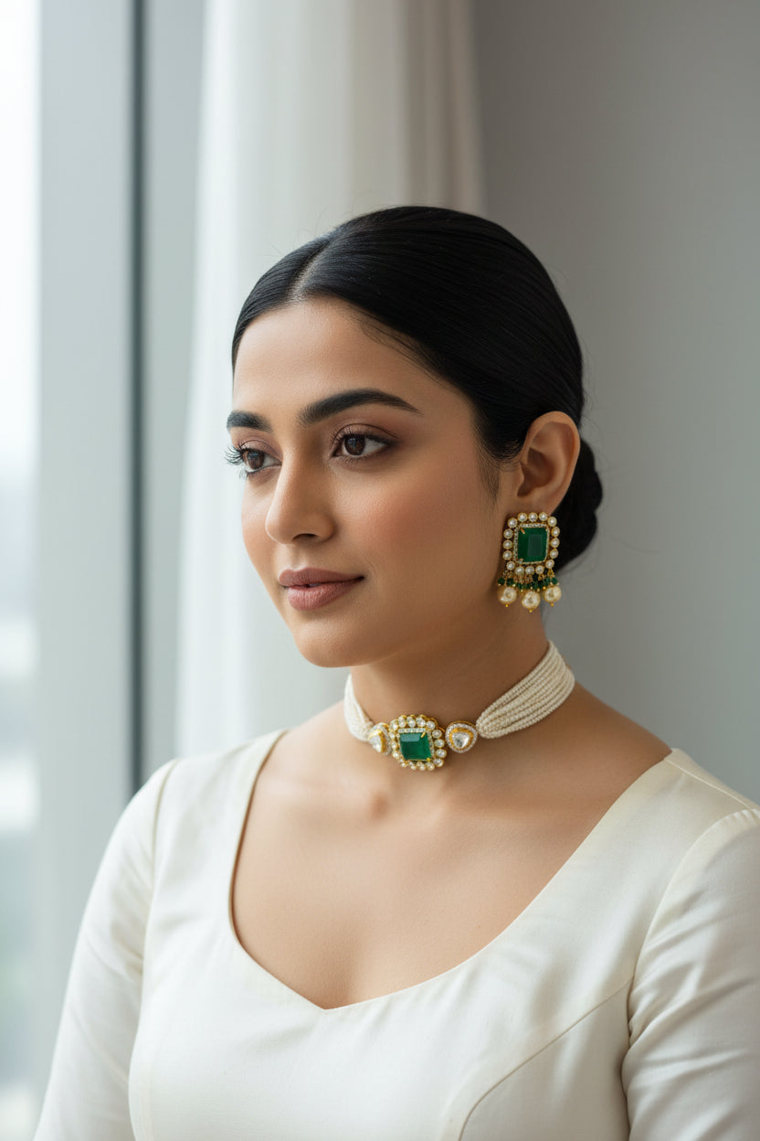 Emerald-Cut Emerald Moissanite Polki Pearl Choker