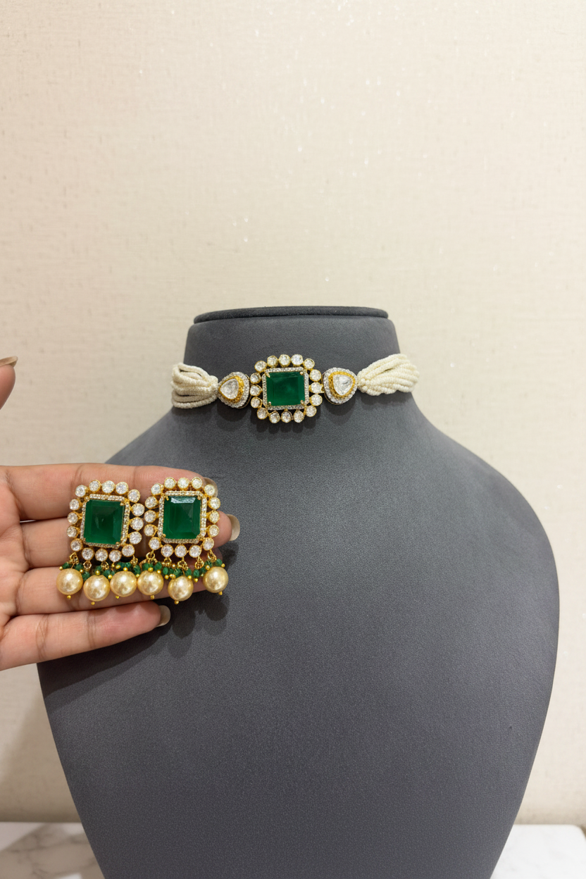 Emerald-Cut Emerald Moissanite Polki Pearl Choker