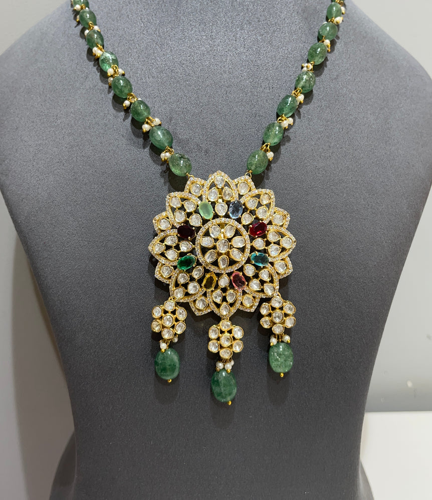 925 Silver Floral Navrattan & Polki Pendant