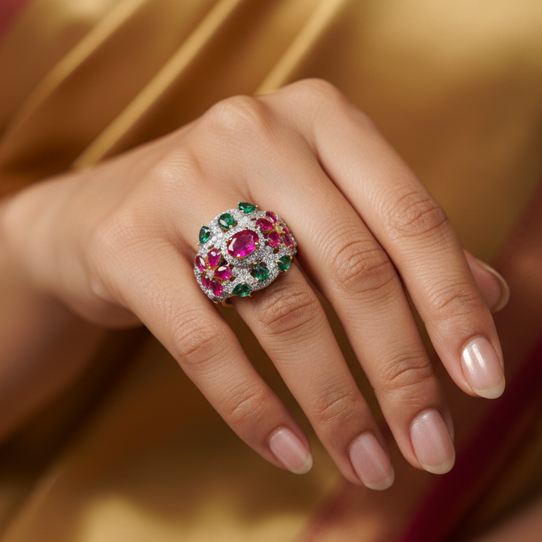 Pink & Emerald Green Cluster Dome Moissanitr Diamond Ring