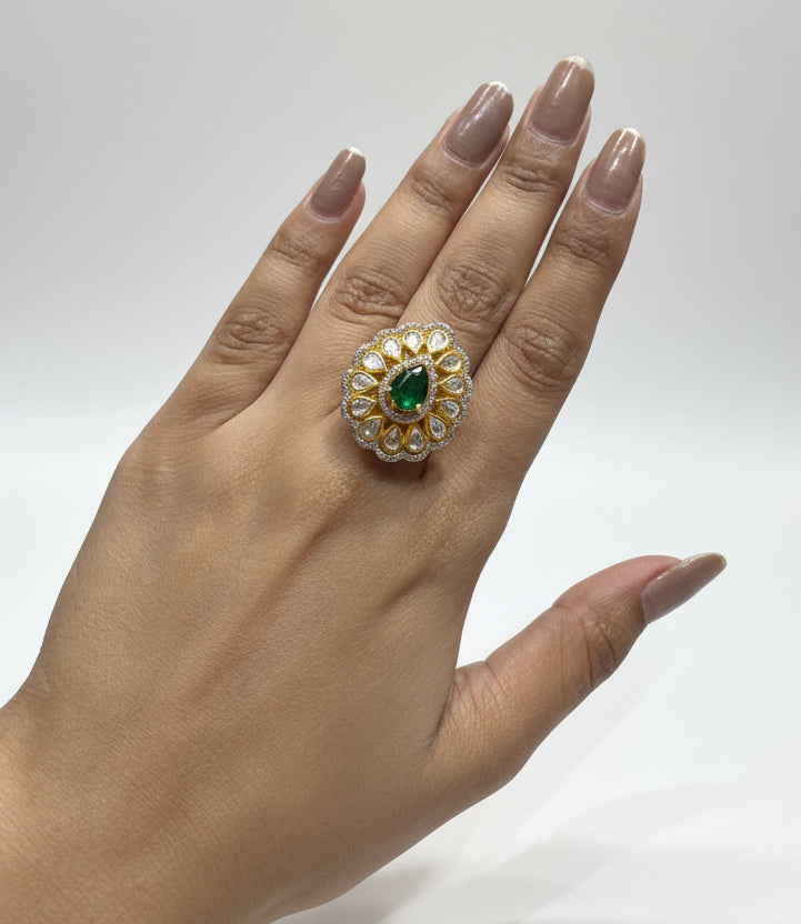 Teardrop Emerald & Moissanite Polki Cocktail Ring