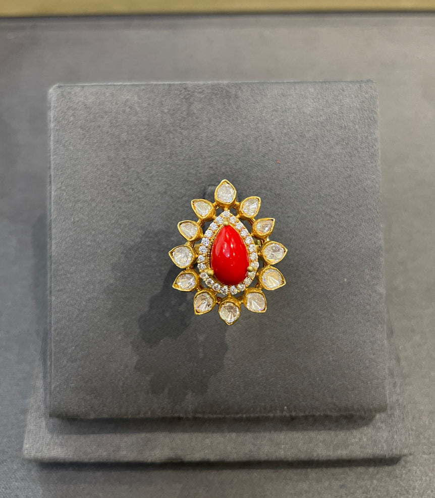 925 Silver Red Stone Polki Ring