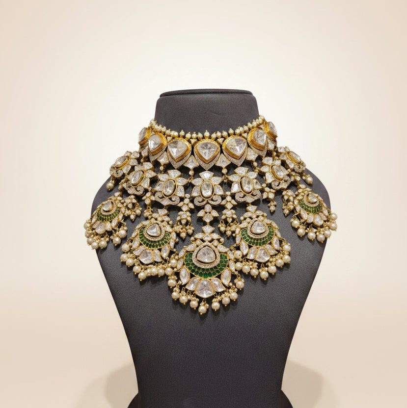Grand Tiered Moissanite Polki & Green Meenakari Crescent Bridal Set