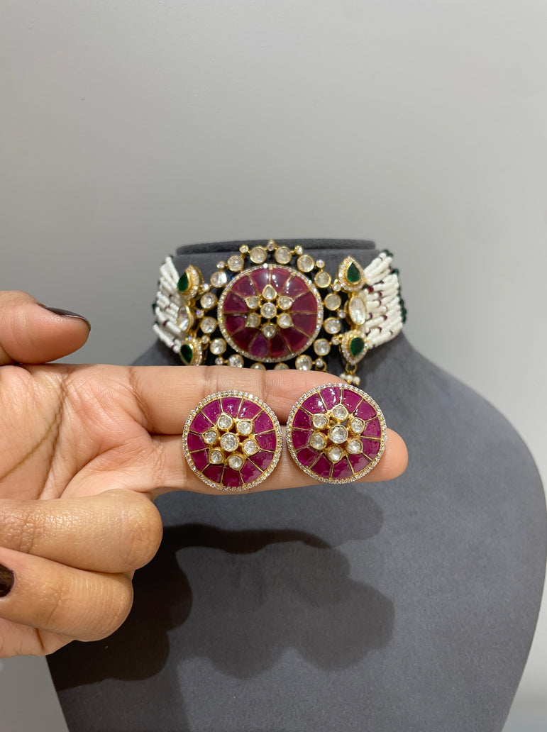 925 Silver Ruby & Polki Choker Set