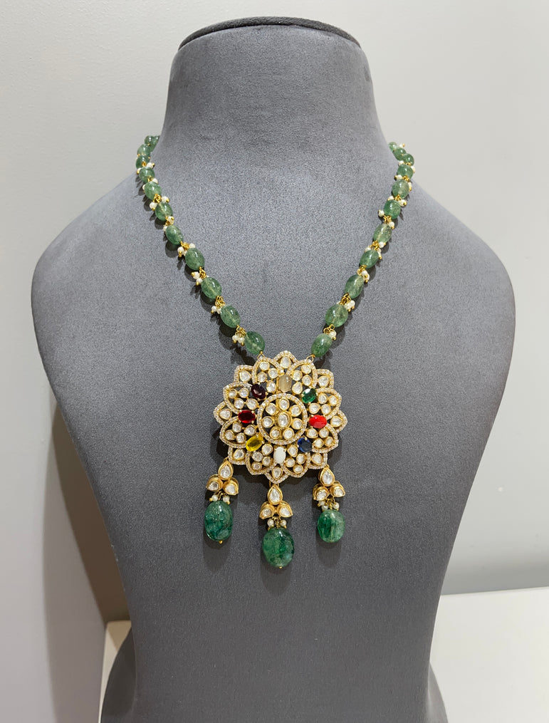 925 Silver Floral Navrattan & Polki Pendant