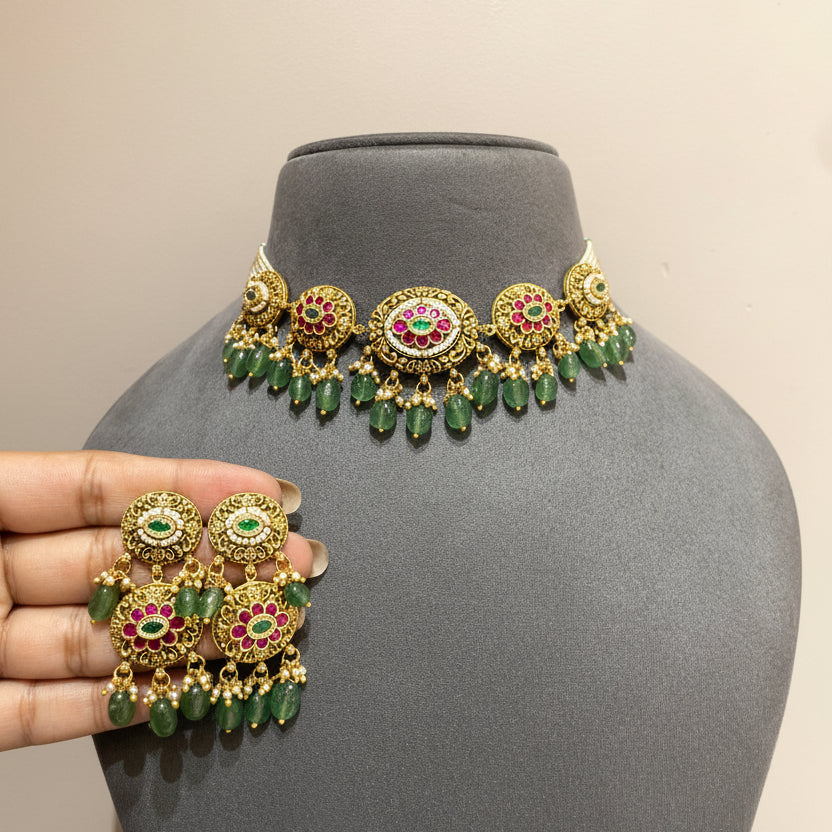 Antique Gold Circular Medallion Floral Choker