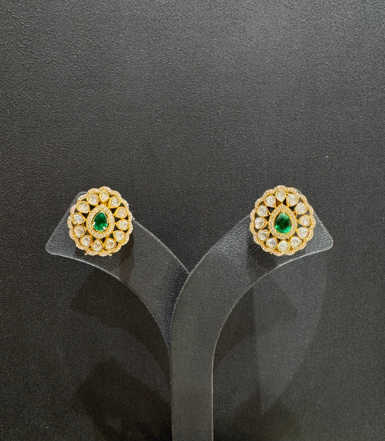 925 Silver Green Stone Polki Earrings