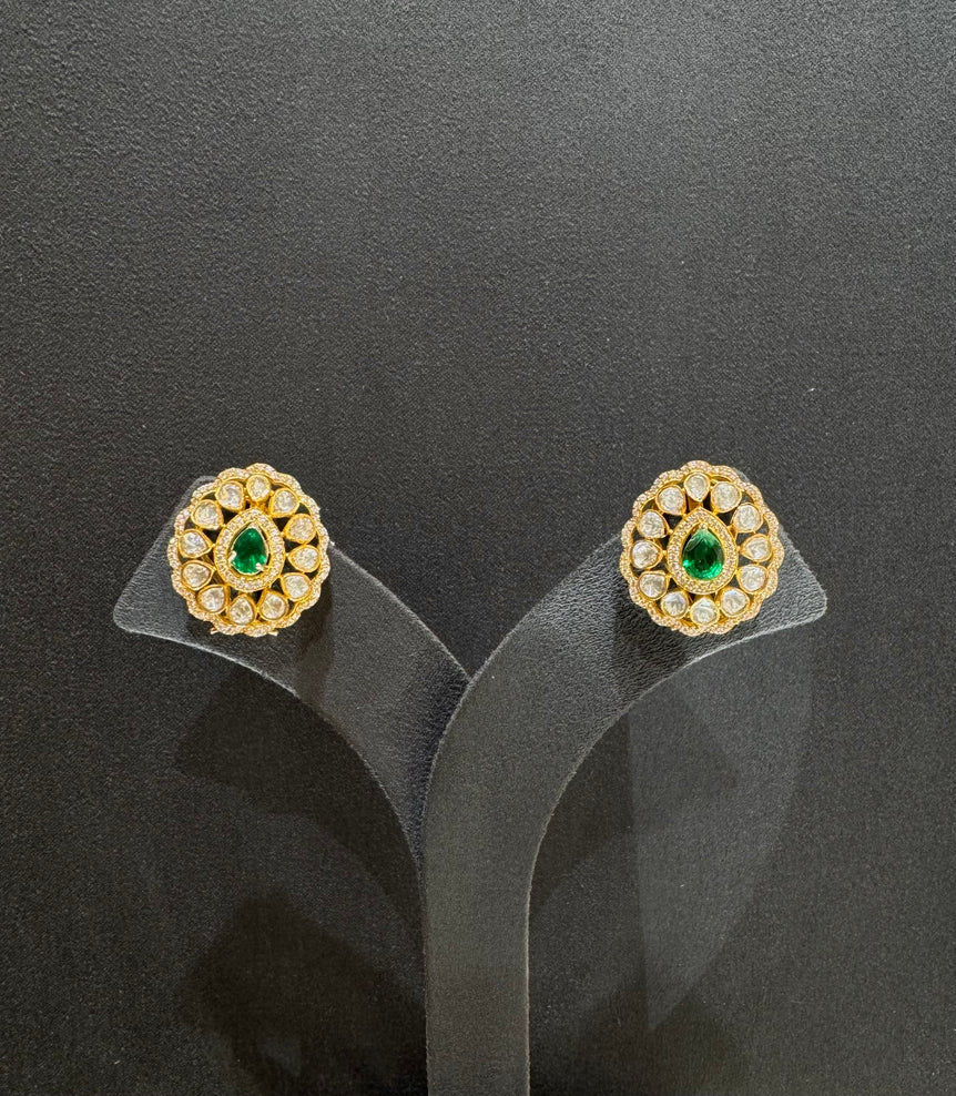 925 Silver Green Stone Polki Earrings