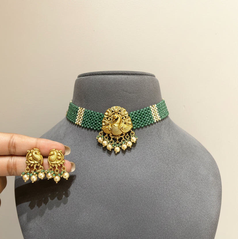Multi-Strand Emerald Bead Gold Look Choker