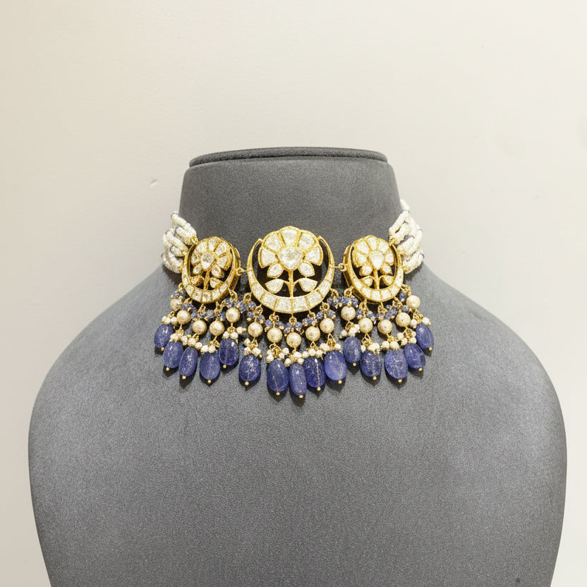Traditional Crescent Floral Moissanite Polki Pearl-Strand Choker