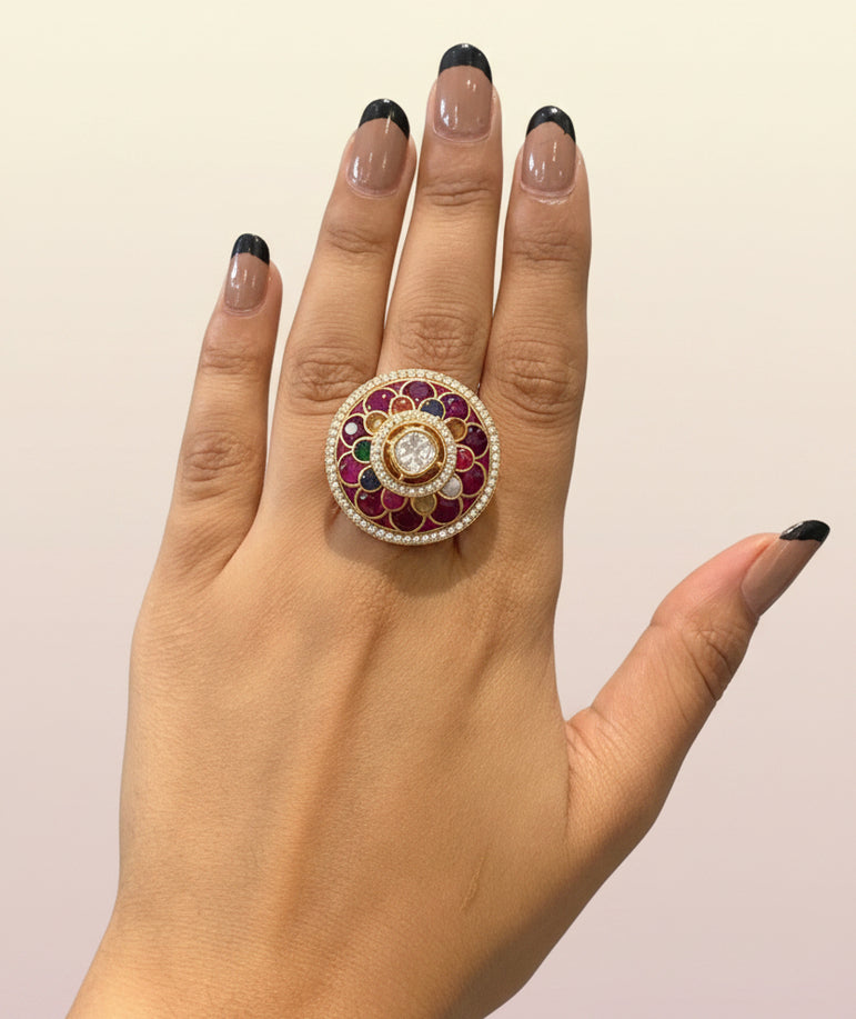 Grand Heritage Navratna Medallion Polki Statement Ring
