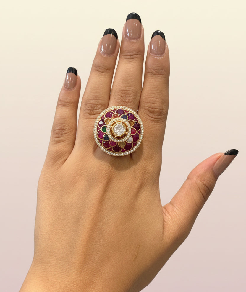 Grand Heritage Navratna Medallion Polki Statement Ring
