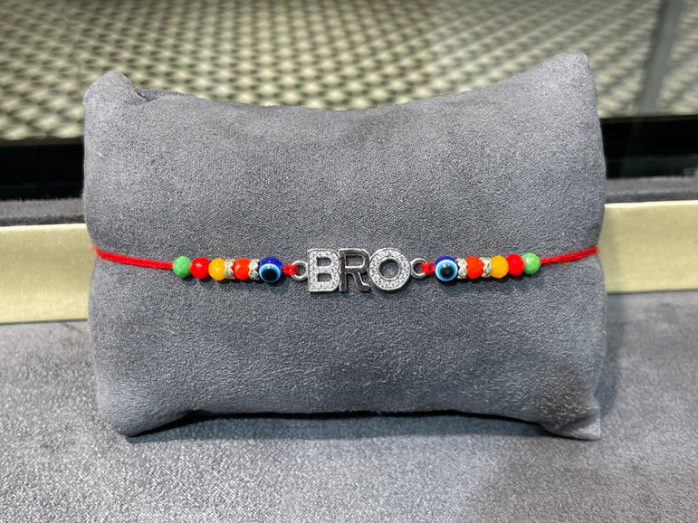 BRO" Rakhi with Colorful Beads and Red Thread Rakhi