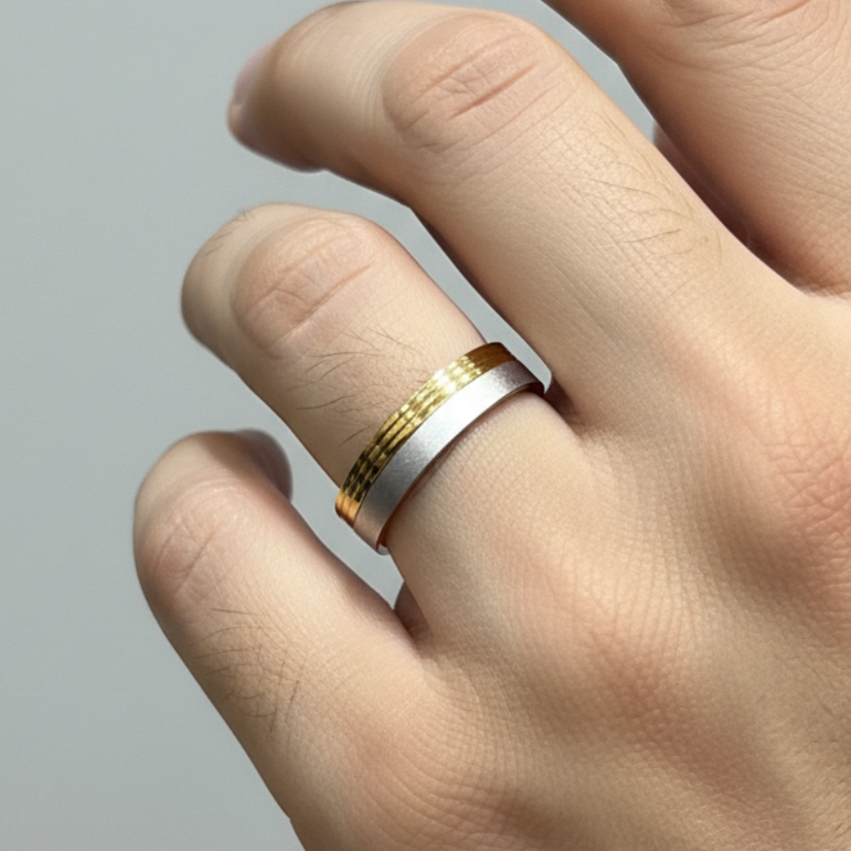 Tri-Tone Matte Sandblast & Ribbed Inlay Men's Band Ring