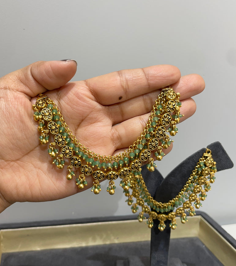 925 Silver Green Beads Heavy Kanchain