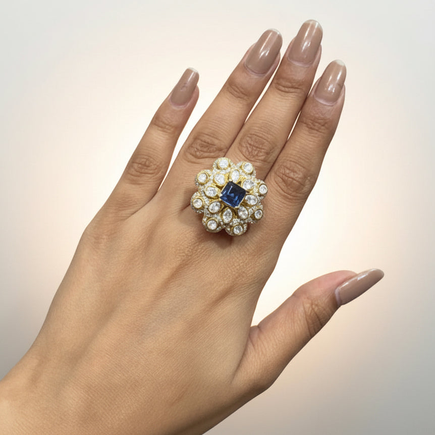 Cushion Blue Gemstone & Moissanite Polki Cocktail Ring