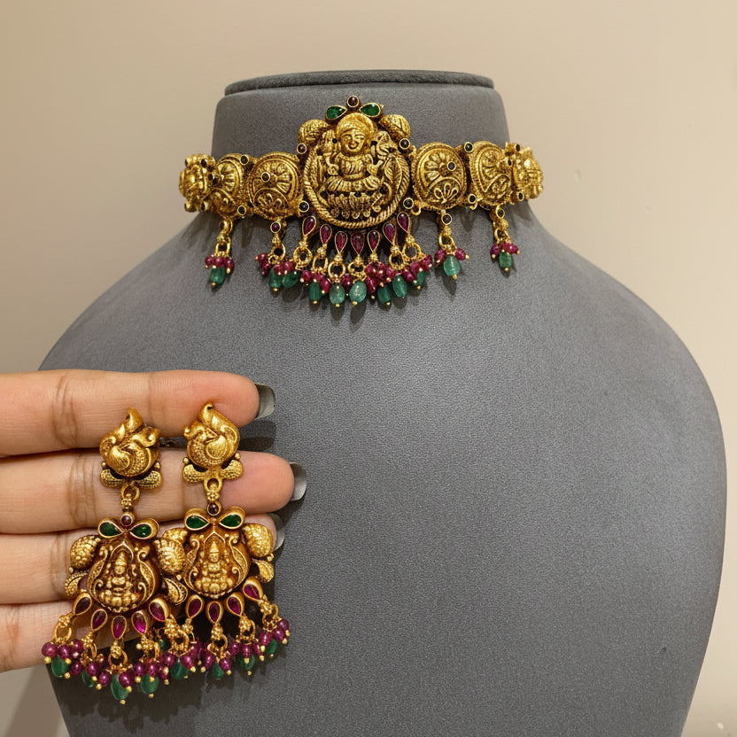 Vedic Laxmi Temple Crest Gold Look Choker