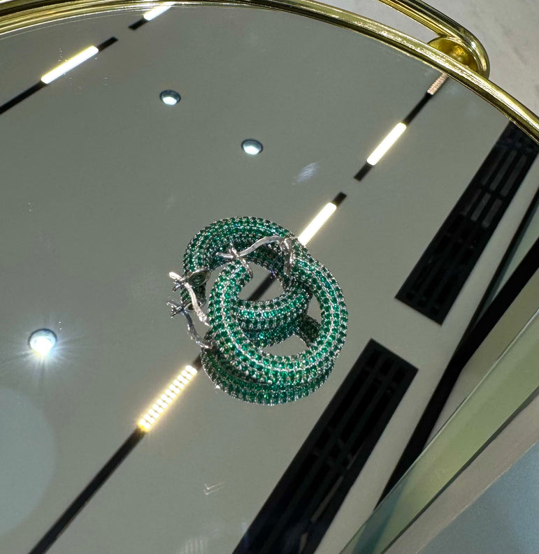 925 Silver Green Tiny Stones Hoop Earrings