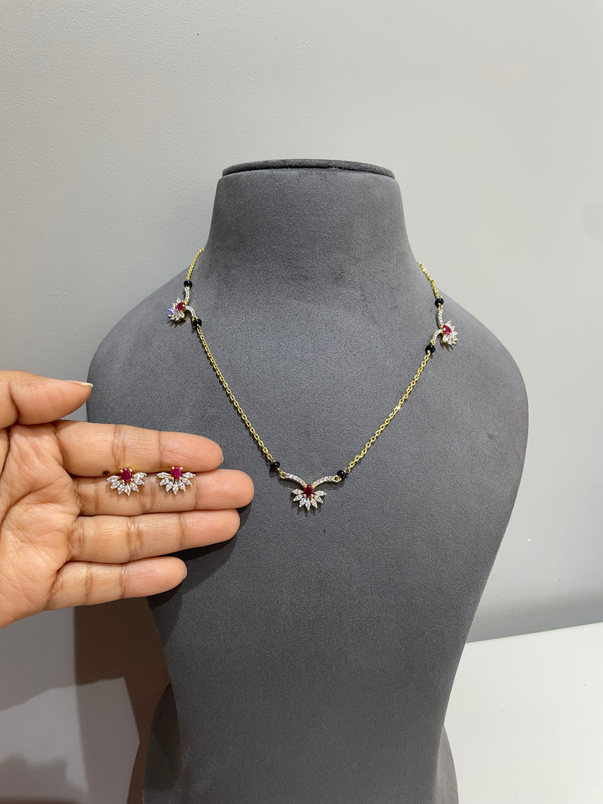 925 Silver Ruby Floral Tanmaniya Style Pendant Set