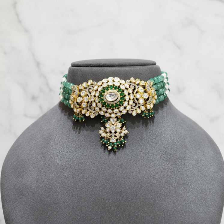 Multi-Strand Emerald Quartz Bead Polki Choker