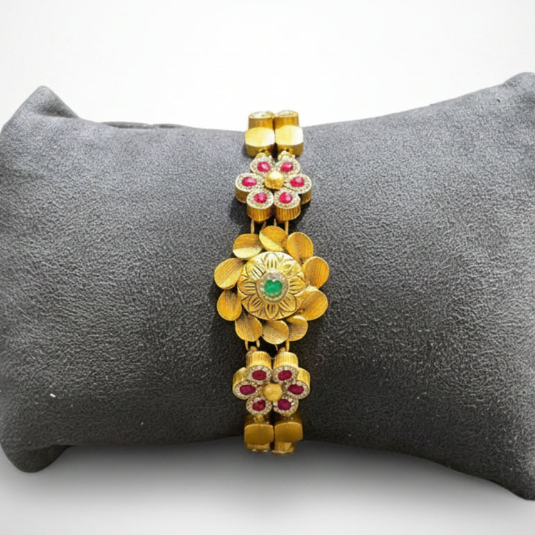 Sculpted Lotus Nakshi & Ruby-Toned Floral Gold Look Bracelet