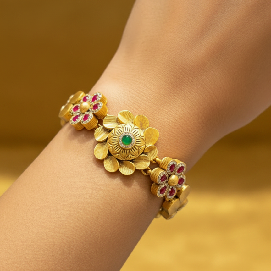 Sculpted Lotus Nakshi & Ruby-Toned Floral Gold Look Bracelet