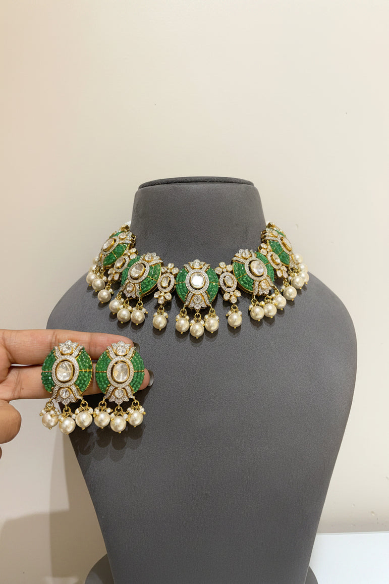 Emerald Beaded Medallion Moissanite Polki Choker