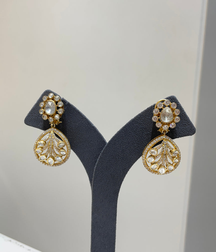 925 Silver Floral & Fern Polki Earrings