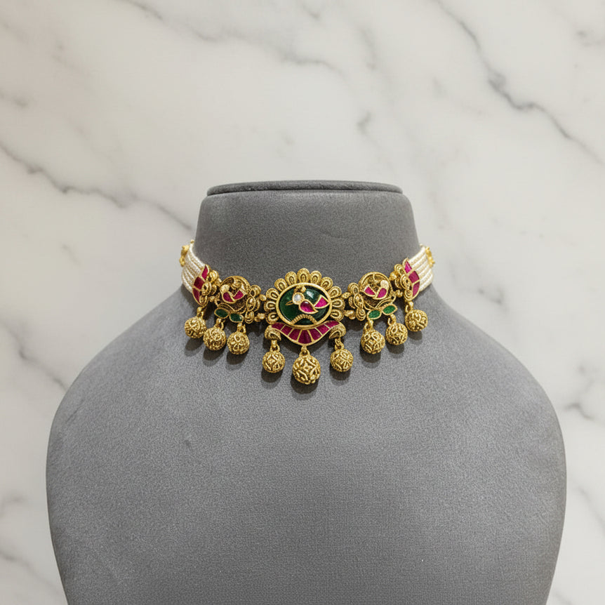 Antique Gold Peacock Enamel Pearl Choker