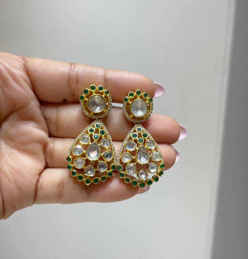 925 Silver Polki Peridot Earrings