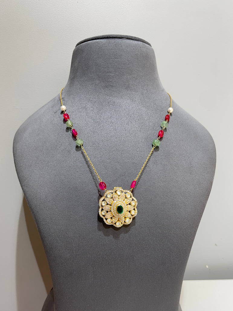 925 Silver Traditional  Flower Polki Pendant
