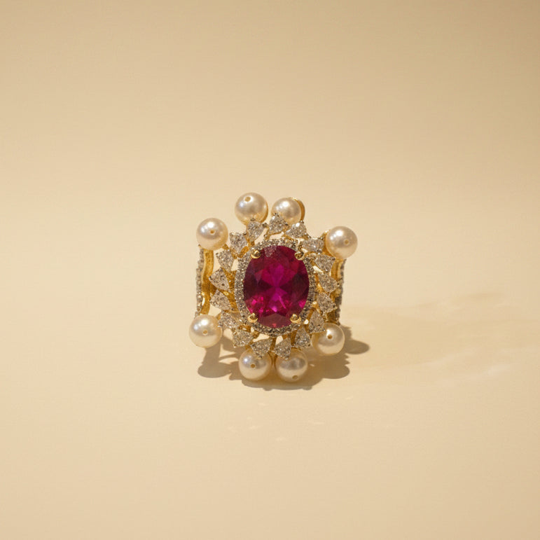 Royal Ruby Red Gemstone Pearl-Bordered Cocktail Ring