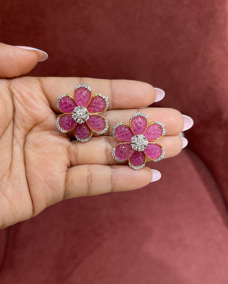925 Silver Elegant Pink Flower Earrings
