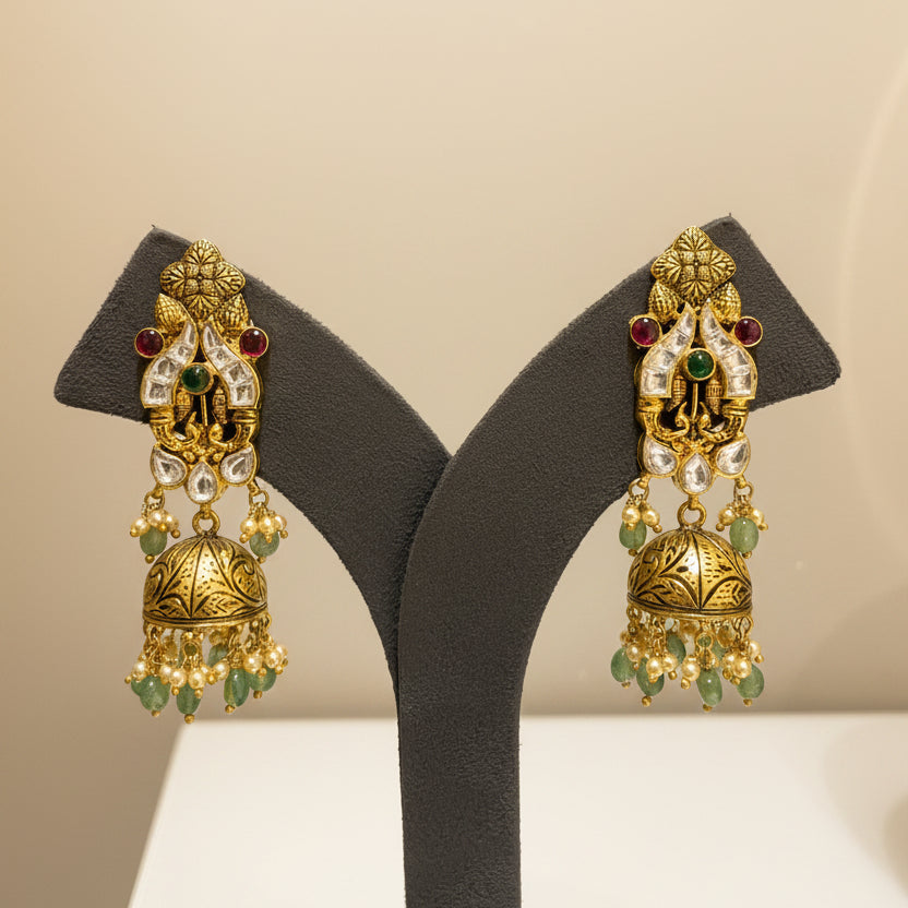 Antique Nakshi Mayur Moissanite Polki Long Set