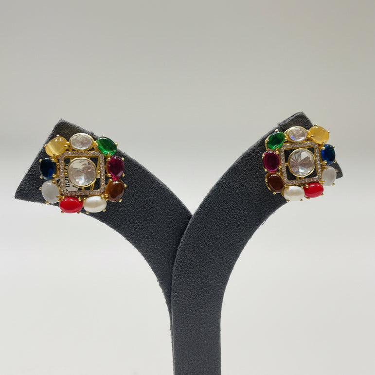 Navratna Square Moissanite Polki Statement Stud Earrings