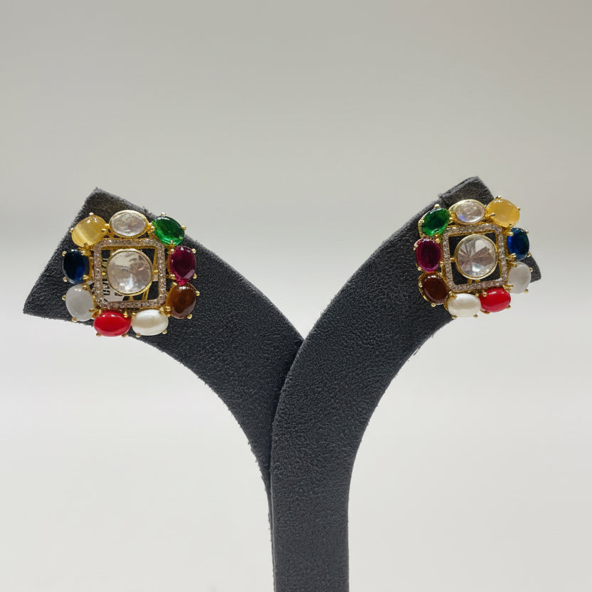 Navratna Square Moissanite Polki Statement Stud Earrings